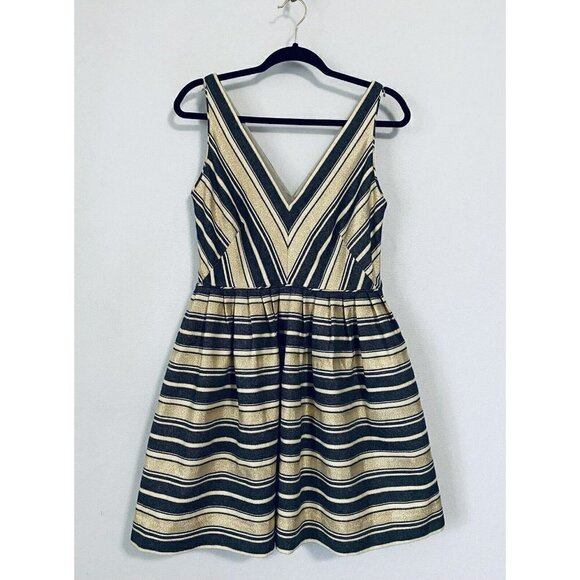 J Crew Womens 6 Fit and Flare Dress Black Gold Striped Lined Pockets Style 43721 - Picture 2 of 9